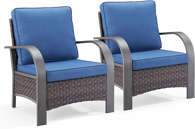 HUMMUH Outdoor Wicker Patio Chairs Set of 2-High Back Patio Dining Chairs Outdoor Patio Chairs for Deck Porch Lawn Garden Backyard-Brown/Blue