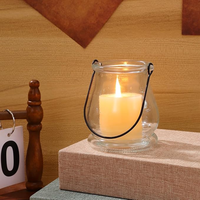 Cabilock Clear Glass Hanging Candle Holder with Handle 3.85X3.34X3.34In Votive Candle Stand for Indoor Outdoor Decor Party Wedding