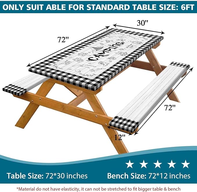 Picnic Table Cover with Bench Covers Checkered Camping Tablecloth, Waterproof Windproof Reusable Picnic Table Covers with Drawstring Bag, Outdoor Patio Camping Essentials, 96In 3PCS
