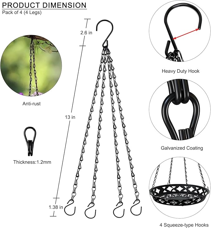 4 Pack Hanging Basket Chains, Adjustable Plant Hanging Chain with S Hooks, Heavy Duty Metal Chains for Planters, Flower Pots, Lanterns, Wind Chimes, Indoor Outdoor Hanging Decor (15.7 inch)