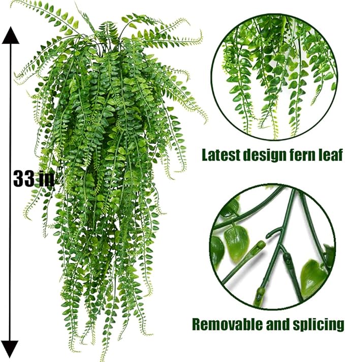 SzJias Artificial Hanging Plants Ferns Faux Fake Plants for Patio Porch Outdoor Decor (2 Pcs)
