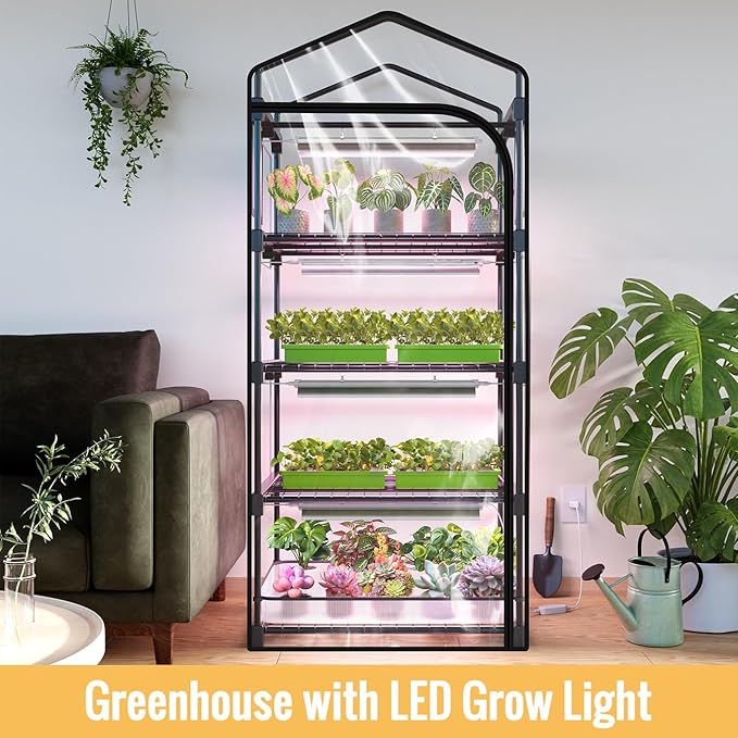 Mini Indoor Greenhouse with Grow Light, 4-Tier Plant Stand with Zippered Cover, Ventilation Window, Bottom Pouch, 20W Full Spectrum Plant Light with Timer for Seedling, 27"L x 19"W x 63"H