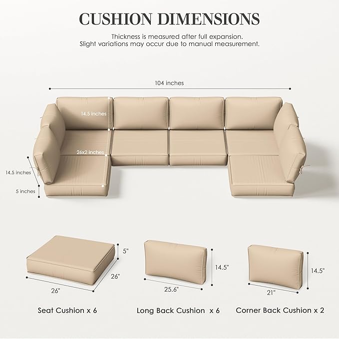 Outdoor Replacement Cushions for Patio Furniture, 5" Foam High-Density, 14-Piece Water-Resistant Outdoor Cushion for 6-Seat Sectional Patio Conversation Sets, Liner&Cover