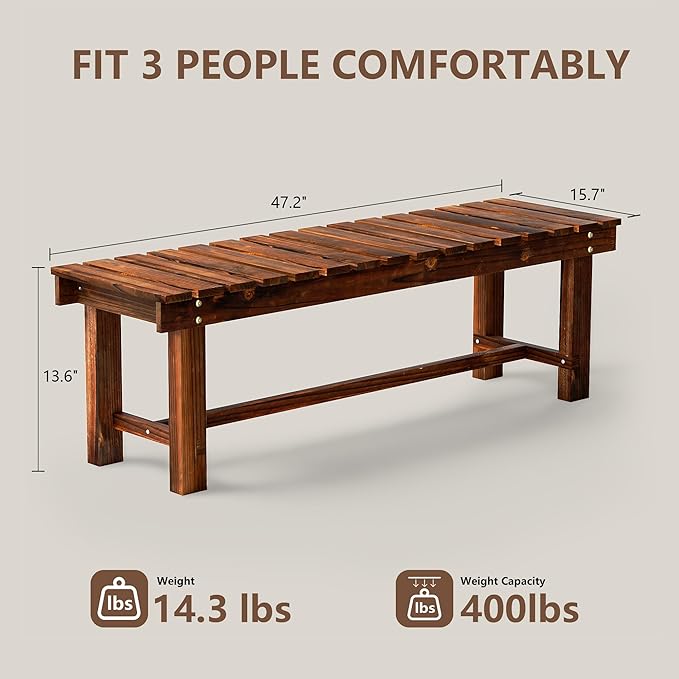 47.2" Outdoor Garden Bench, Weatherproof Patio Benches 3-Person Seat Backless Wooden Porch Bench, Multifunctional Slat All Weather Bench for Garden Lawn Porch Park Backyard (Carbonized Brown)