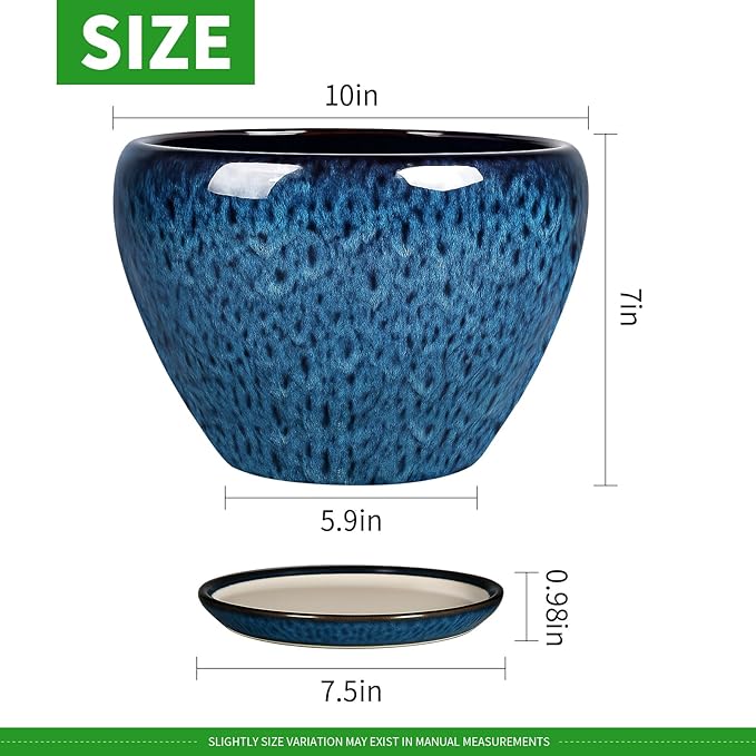 Deep Dream 10 Inch Plant Pot- Ceramic Planter Pot Round Plant Pots for Indoor Plants Outdoor Large Flower Pot with Drainage Holes & Trays, Blue