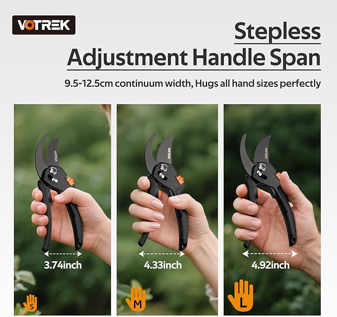 VOTREK® Pruning Shears for Gardening, [Patented Stepless Handle Opening] - Plant Scissors with Ultra-Sharp SK5 Steel for Weak Hand, Universal Fit for All Hand Sizes, Effortlessly Cuts 1-Inch Branches