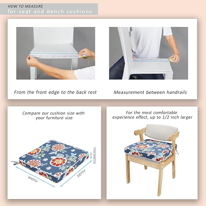 JMGBird Outdoor Chair Cushions Set of 2 - Waterproof Patio Seat Cushions 19x19 Inch with Ties, Blue Flower Floral Pattern High Density Foam Square Cushions for Garden Furniture