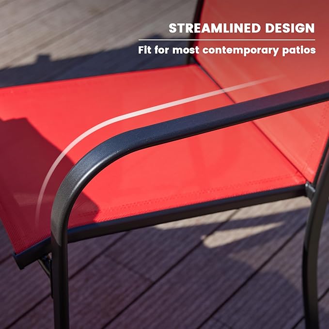 VICLLAX Patio Stackable Chairs Set of 4, Outdoor Dining Chairs with Breathable Fabric Lawn Deck Chairs for Balcony Porch, Red Fabric