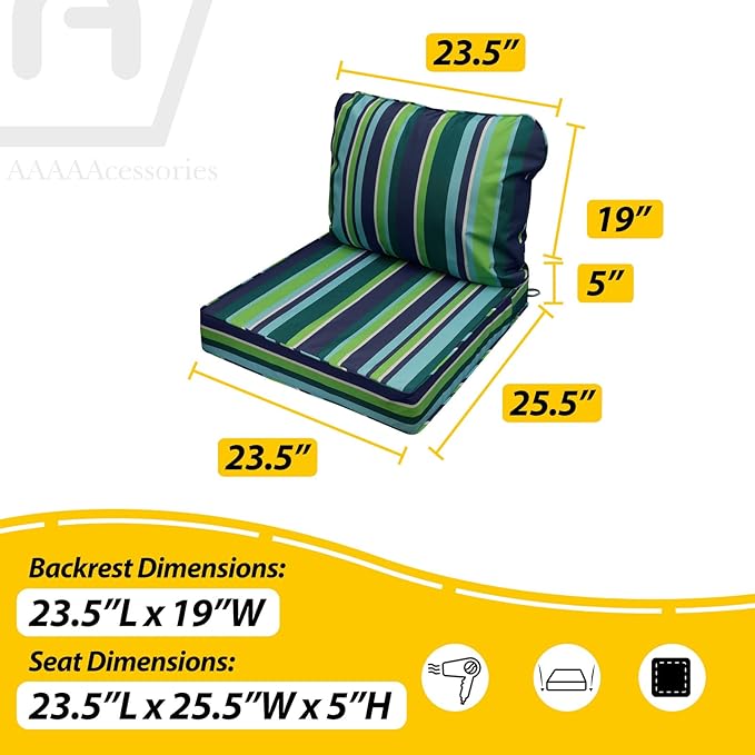 AAAAAcessories Outdoor Seat Cushions for Chairs, Fade-Resistant, Waterproof Patio Furniture Replacement Cushions, 23.5" x 25.5" x 5" + 23.5" x 19", Set of 2, Stormy Teal Coastal Stripe