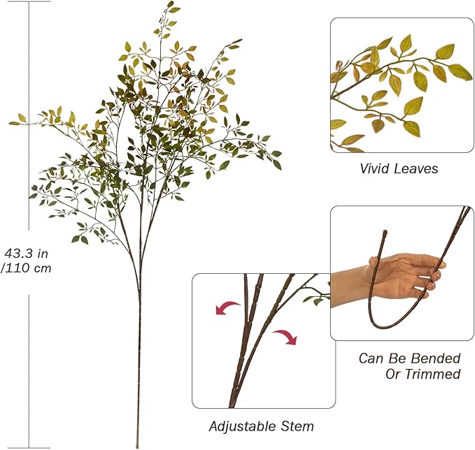 Plastic Greenery Stem Vase with Simulated 43.3 inches Stems and Branches Simulated Eucalyptus Leaves for Indoor Bedroom Living Room Dining Table Outdoor Garden Decoration
