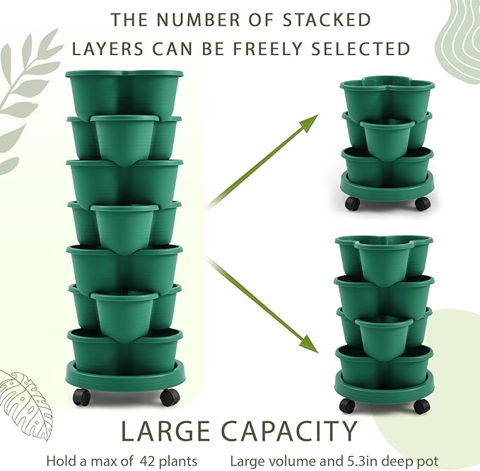 Umigy 2 Set of 7 Tier Stackable Vertical Planters with Removable Wheels and Tools Tower Planters Strawberry Herb Flower Vegetable Pots Indoor Outdoor Gardening Pots(Dark Green)