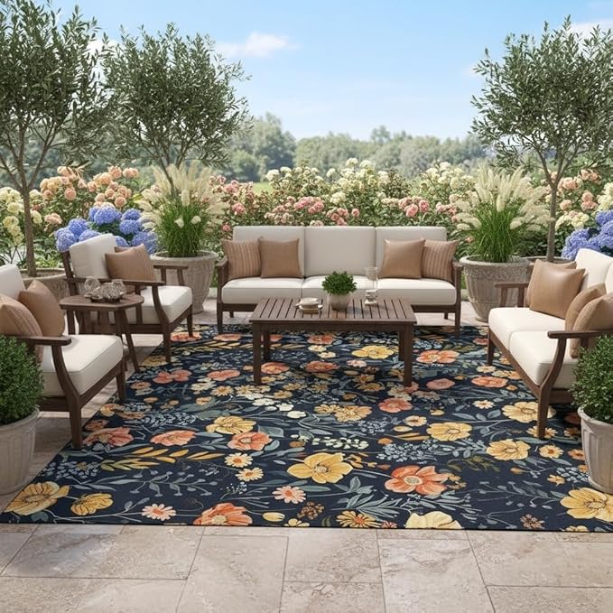 Vintage Country Rustic Floral Outdoor Rug for Patio Balcony Deck Porch Camping Machine Washable Waterproof Garden Backyard Outside Carpet 7x9 Boho Blue Pink Yellow Flower Area Rugs Easy Clean Mat