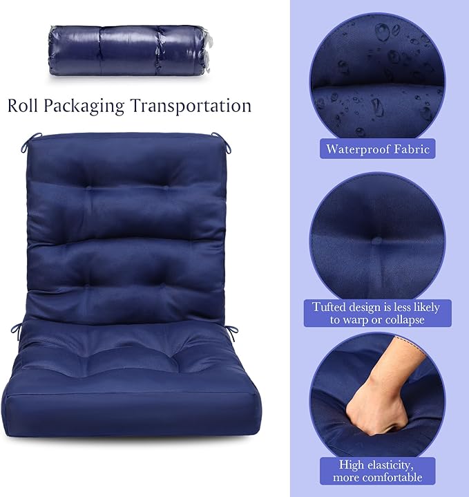Hoteam 6 Set Patio Chair Cushions Outdoor High Chair Cushion 20 x 40 Inch Waterproof Patio Seat Rocking Indoor Thickened Pad(Solid Color Style,Navy Blue)
