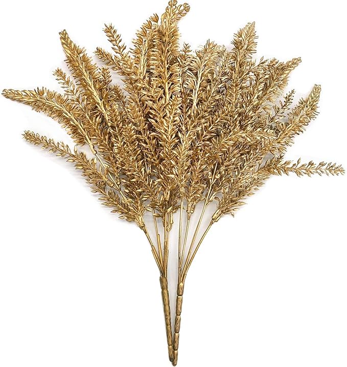 CATTREE Artificial Plants for Christmas Decoration, Plastic Grass Faux Shrubs Fake Lavender Leaves Simulation Wheat Ears Bushes Home Indoor Garden Wedding Hall Table Planter Filler - Gold 2 Pcs