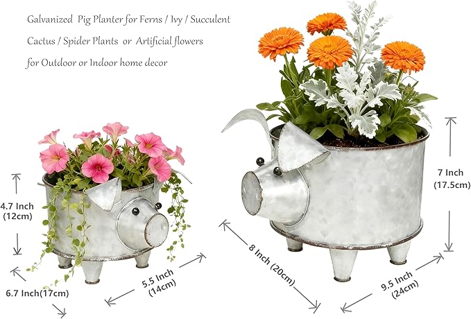 Galvanized Metal Pig Succulent Planter Farmhouse Pig Shaped Bowl Metal Pig Tray Rustic Decor Set of 2
