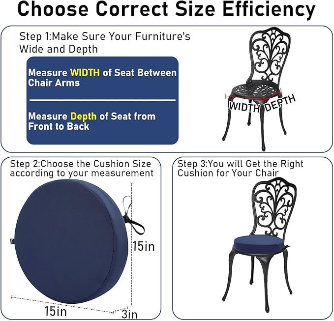 Topotdor Outdoor Bistro Chair Cushions Set of 2, 15"x15"x3" Waterproof Patio Chair Cushions for Outdoor Furniture, Round Outdoor Seat Cushions Color Fastness Chair Pads with Ties, Royal Blue