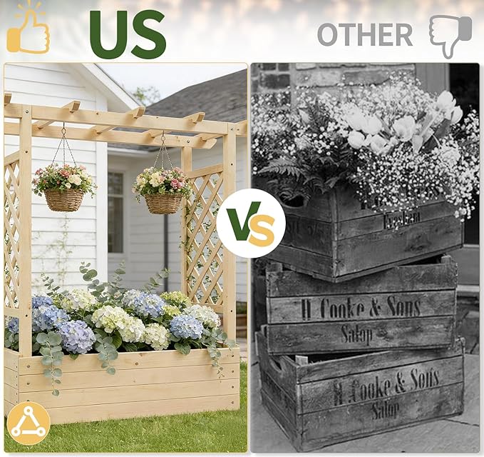 Outvita Raised Garden Bed with Trellis, Wood Planter Box with Hanging Roof, Side Trellis and Drainage Holes, Above Ground Elevated Garden Bed for Outdoor Climbing Plants Vegetables (Natural Wood)