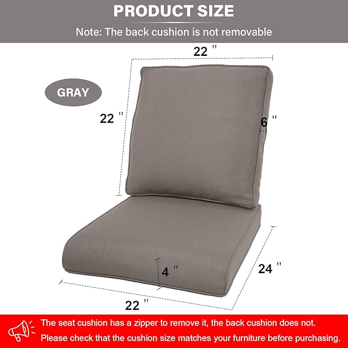 Patio Furniture Cushions - 22 * 24" Outdoor Patio Cushions with Removable Cover, 28D High Density Sponge Filling Outdoor Chair Cushions for Rocker, Sofa and Loveseat - Grey