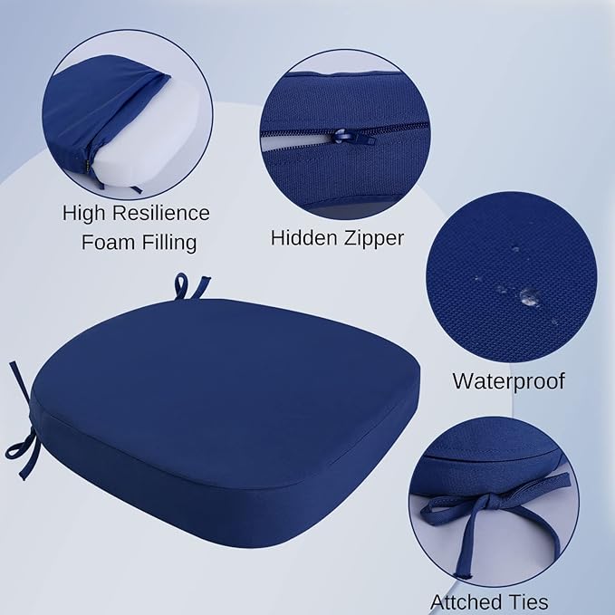 idee-home Outdoor Chair Cushions Set of 4, 19" x 19" x 3" Thick D-Shaped Patio Furniture Outdoor Seat Cushions Waterproof with Ties, Dining Pads