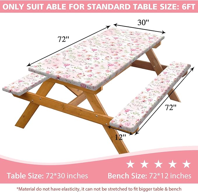 3PCS Picnic Table Cover with Bench Cover Cute Pink Floral Print Camping Tablecloth Fitted Picnic Picnic Table Cover with Elastic Windproof Waterproof, Outdoor & Garden Camping Accessories 72IN