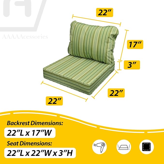 AAAAAcessories Outdoor Seat Cushions for Chairs, Fade-Resistant, Waterproof Patio Furniture Replacement Cushions, 22" x 22" x 3" + 22" x 17", Mossy Forest Stripe