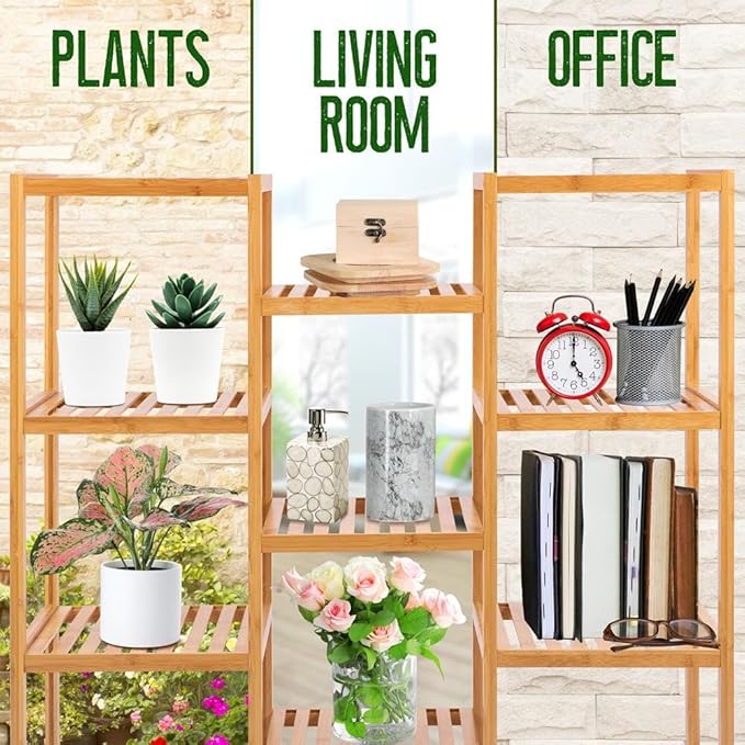 SereneLife Bamboo 9 Tier Plant Stand-Free Standing Storage Shelves for Multiple Potted Plants,Corner Shelf House Accessories Indoor and Outdoor Use,Tall Wood Holder For Backyard,Balcony, Patio,Garden
