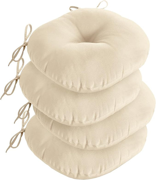 downluxe Bistro Chair Cushions for Patio Furniture, Water-Resistant Round Outdoor Chair Cushions Set of 4 with Non-Slip Ties, 15" x 15", Beige