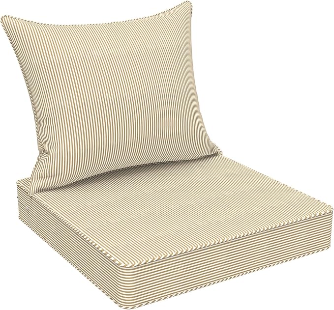 Outdoor Deep Seat Cushion Set, Water Repellent 22"x22" Patio Thick Cushions Replacement with Seat & Back Pillow for Patio Sofa, Wicker Chair, Couch - Stripe Beige