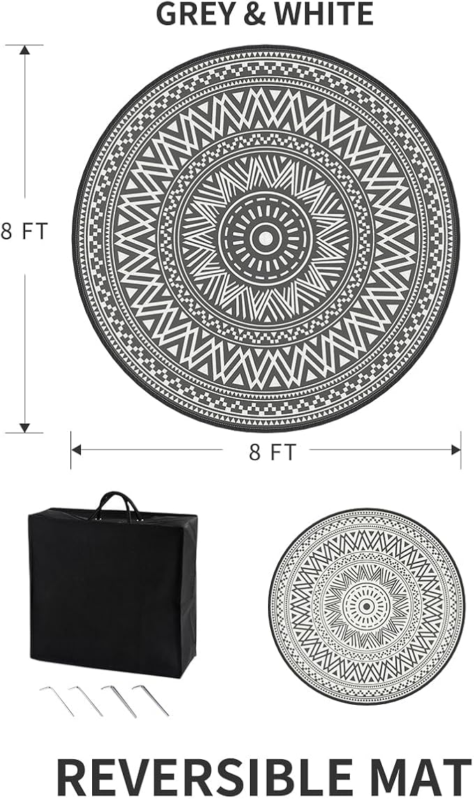 MontVoo Outdoor Rug Carpet Waterproof Round 8ft Outdoor Patio Rug Mat Reverisble Plastic Straw Outdoor Rug for RV Camping Picnic Beach Balcony Boho Grey