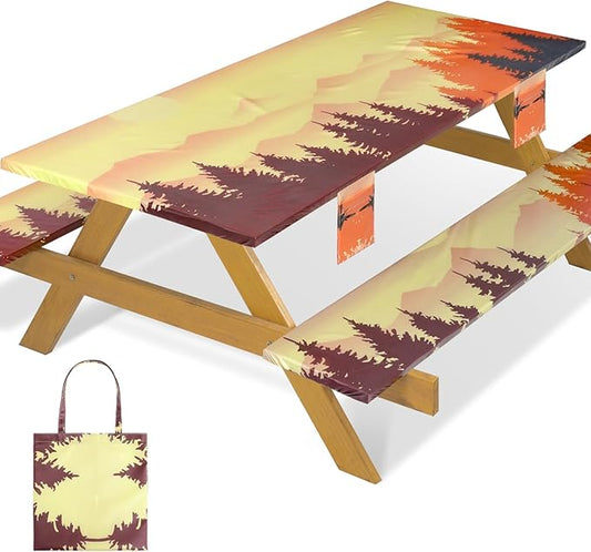 Fitted Waterproof Picnic Table Cover with Bench Covers Elastic Reusable Camping Table Cloths for 8Ft Rectangle Tables Summer Camp Motorhome Party Gear Outdoors Car Travel Trailer Gadgets Gift