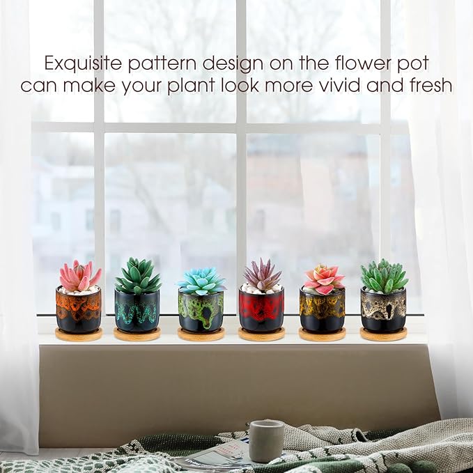 12 Pcs Succulent Pots 2.5 Inch Mini Ceramic Succulent Garden Flower Pots Planters with Drainage and Bamboo Tray for Indoor Garden Plants Planters Colorful Flower Pot(Cylindrical,2.3 Inch H)