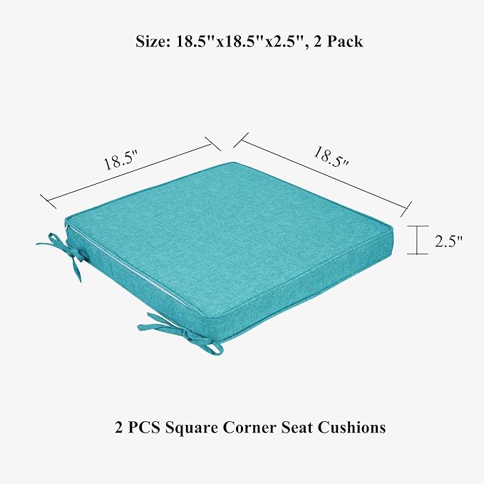 FUNHOME Indoor/Outdoor Chair Cushions Set of 2, 18 x 18 x 2.5 Inch Square Corner Outdoor Cushions for Patio Furniture,2 Packs Patio Chair Cushions with Ties-Aqua Blue