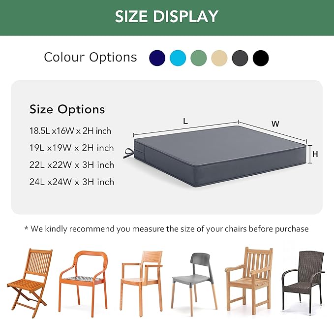 Outdoor Chair Cushions Set of 4: Waterproof & Fade Resistant Seat Cushion for Patio Furniture - 18.5 x 16 x 2 Inch Chair Pads with Ties and Hidden Zipper - Patio Chair Cushion Replacement, Dark Grey