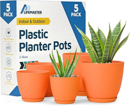 Yellow Plant Pots with Drainage Holes & Saucers 5 Pack, Indoor & Outdoor Stackable Space-Saving Planters for Houseplants & Flowers, (7", 6.7", 6", 5.3", and 4.8" Inches), Durable & Weatherproof