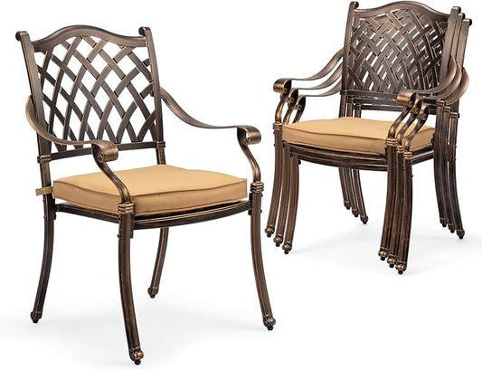 VINGLI Patio Chairs Set of 4- Stackable Outdoor Cast Aluminum Dining Chairs with Vintage Bronze Finish and Diamond Pattern, Metal Armchairs for Poolside, Backyard, Balcony (with Cushion)