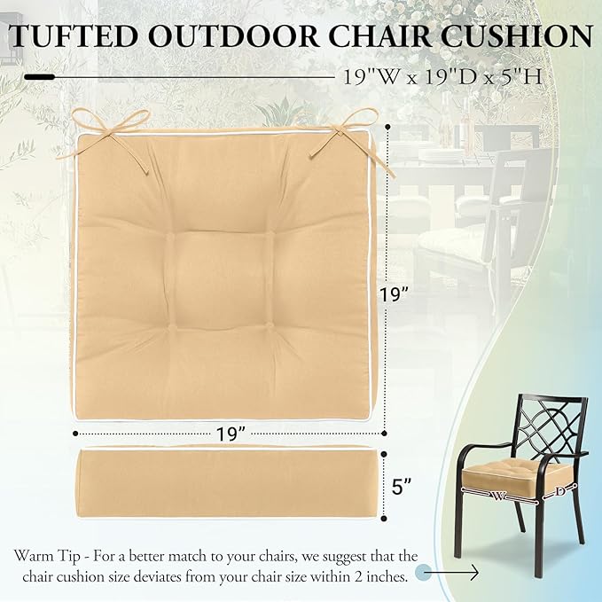 Wellsin Outdoor Chair Cushions Set of 2, Patio Cushions for Outdoor Furniture, Tufted Waterproof Outdoor Chair Pads, 19 x 19 Inch, Khaki