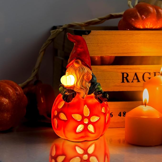 Solar Pumpkin Gnome Garden Statues Halloween Thanksgiving Outdoor Gnome with LED Lights Decorations for Yard Patio Lawn Porch Birthday Christmas Gardening Gifts for Mom Women