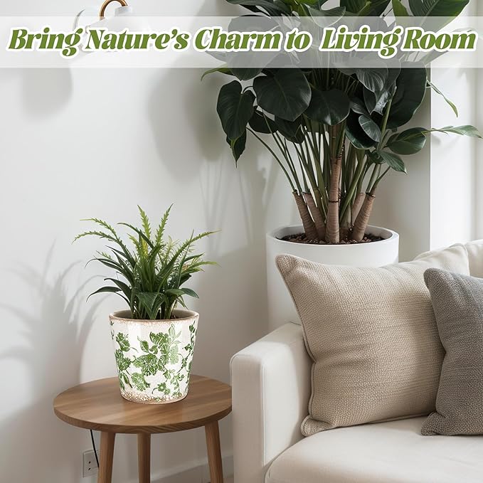 Farmhouse Ceramic Planter 5.5 Inch Large Plants Pot Ice Crack Beige Green Flowers Plant Pots with Drainage Hole Indoor Plants Kitchen Rustic Antique Decor Gift