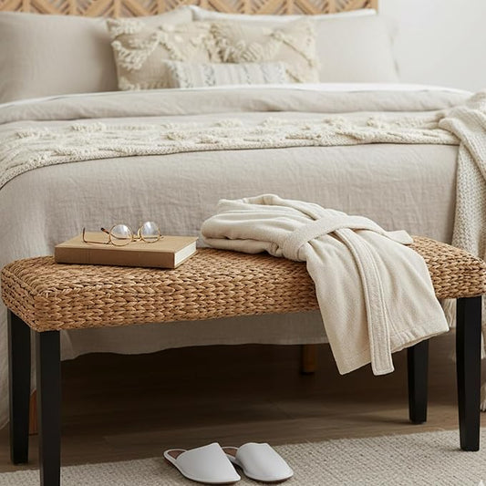 Solid Wood Acacia Indoor Bench with Natural Woven Seat, Wicker Bench Bed Boho, Wood Bench for Bedroom End of Bed or Benches Entryway for Living Room (Black Leg, Water Hyacinth)