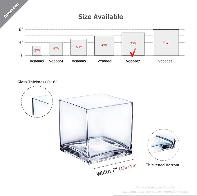 WGV Cube Glass Vase, Candle Holder, 7"x7"x7", Clear Elegant Floral Accent Container Planter Terrarium Storage for Wedding Party Ceremony Event Office Home Decor, 1 Piece