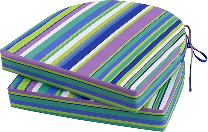 Topotdor Outdoor Chair Cushions Set of 2, Waterproof Patio Chair Cushions for Outdoor Furniture, Round Corner Seat Chair Pads with Ties for Patio Garden Dining Office, 19"x19"x3", Blue Stripe