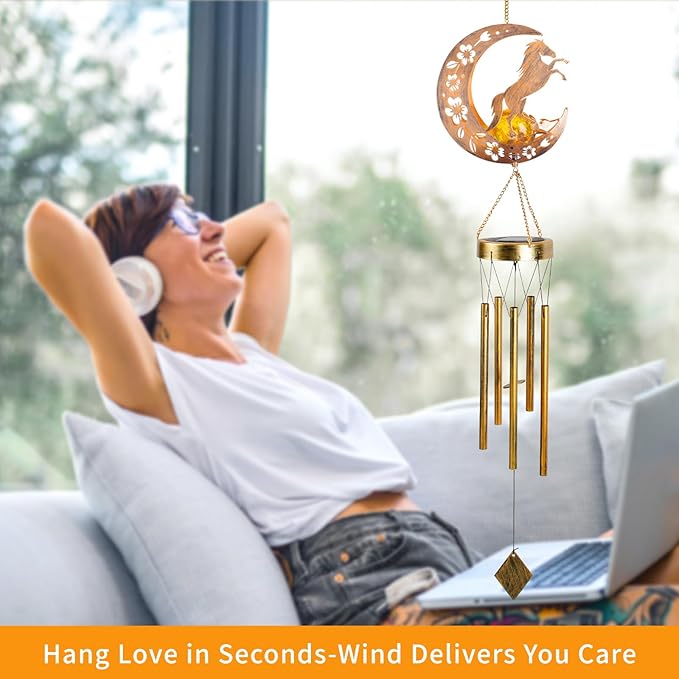 Solar Horse Wind Chimes - Unique Moon Hummingbird Design, for Mothers, Grandmothers, Sisters, Friends and Girls on Birthdays, Christmas, Thanksgiving and Mother's Day