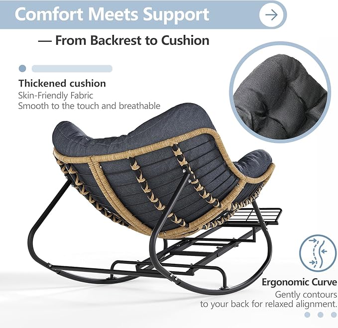 SWITTE Papasan Rocking Chair with Adjustable Footrest, Oversized Wicker Zero-Gravity Outdoor Rocker with Cushion, All-Weather Lounge Chair for Patio, Living Room-Dark Grey