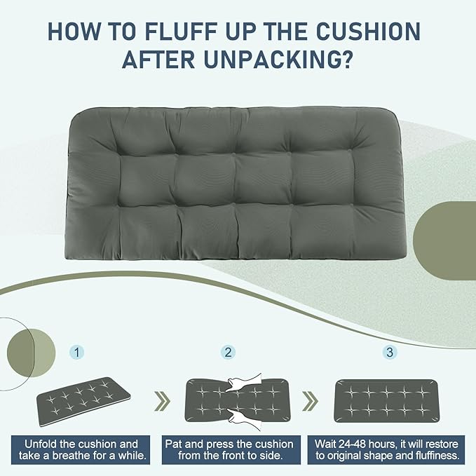 downluxe Outdoor Bench Cushion for Patio Furniture, Waterproof Tufted Overstuffed Porch Swing Cushions, Thick Outdoor Loveseat Cushions, 44" X 19" X 5", Dark Grey, Set of 1