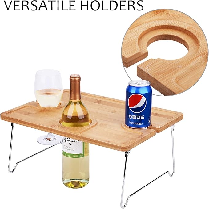 Tirrinia Portable Wine Picnic Table, Ideal Wine Gift for Women Men, Small Folding Outdoor Picnic & Cheese Tray with 2 Wine Glasses Holder for Camping, Park, Beach, Garden, Concerts