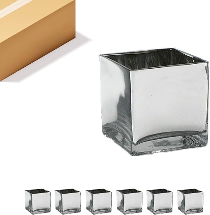 WGV Cube Glass Vase Bulk, Candle Holder, 6"x6"x6", Silver Elegant Floral Accent Container Planter Terrarium Storage for Wedding Party Ceremony Event Office Home Decor, 6 Pieces