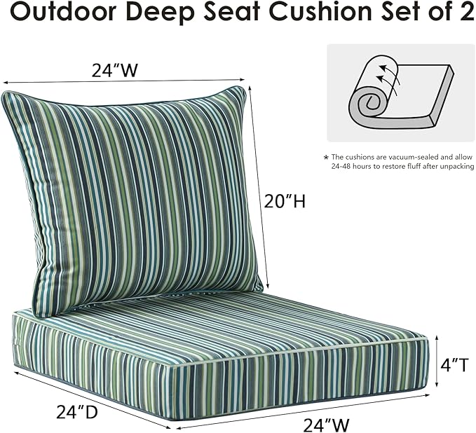 Sunbrella Outdoor Patio Chair Cushions Set, 24" x 24", Set of 2, Water-Repellent, Fade Resistant, Deep Seat Cushion for Backyard, Couch, Sofa and Patio Furniture, Troupe Caribbean