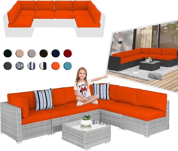 Outdoor Sectional Cushions, 4" Foam High-Density, Water-Resistant Couch Cushions Replacement Set, 14 Piece Patio Sectional Cushion for 6-Seat Sectional Patio Conversation Sets (Orange)