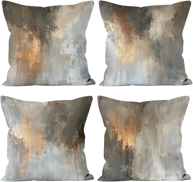 Abstract Pillow Covers 18x18 inch Set of 4, Grey Gold Metallic Modern Throw Pillow Covers Cushion Case for Home Farmhouse Couch Sofa Bed Indoor Outdoor Decor