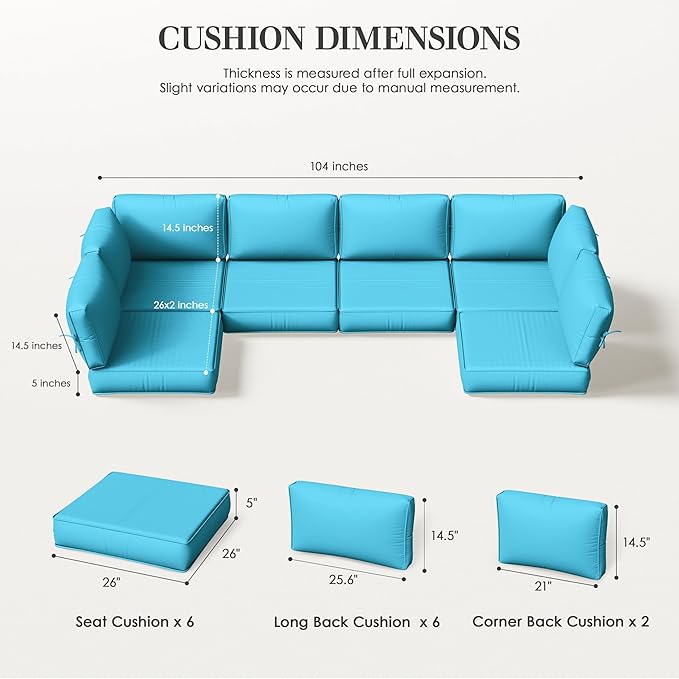 Outdoor Replacement Cushions for Patio Furniture, 5" Foam High-Density, 14-Piece Water-Resistant Outdoor Cushion for 6-Seat Sectional Patio Conversation Sets, Liner&Cover